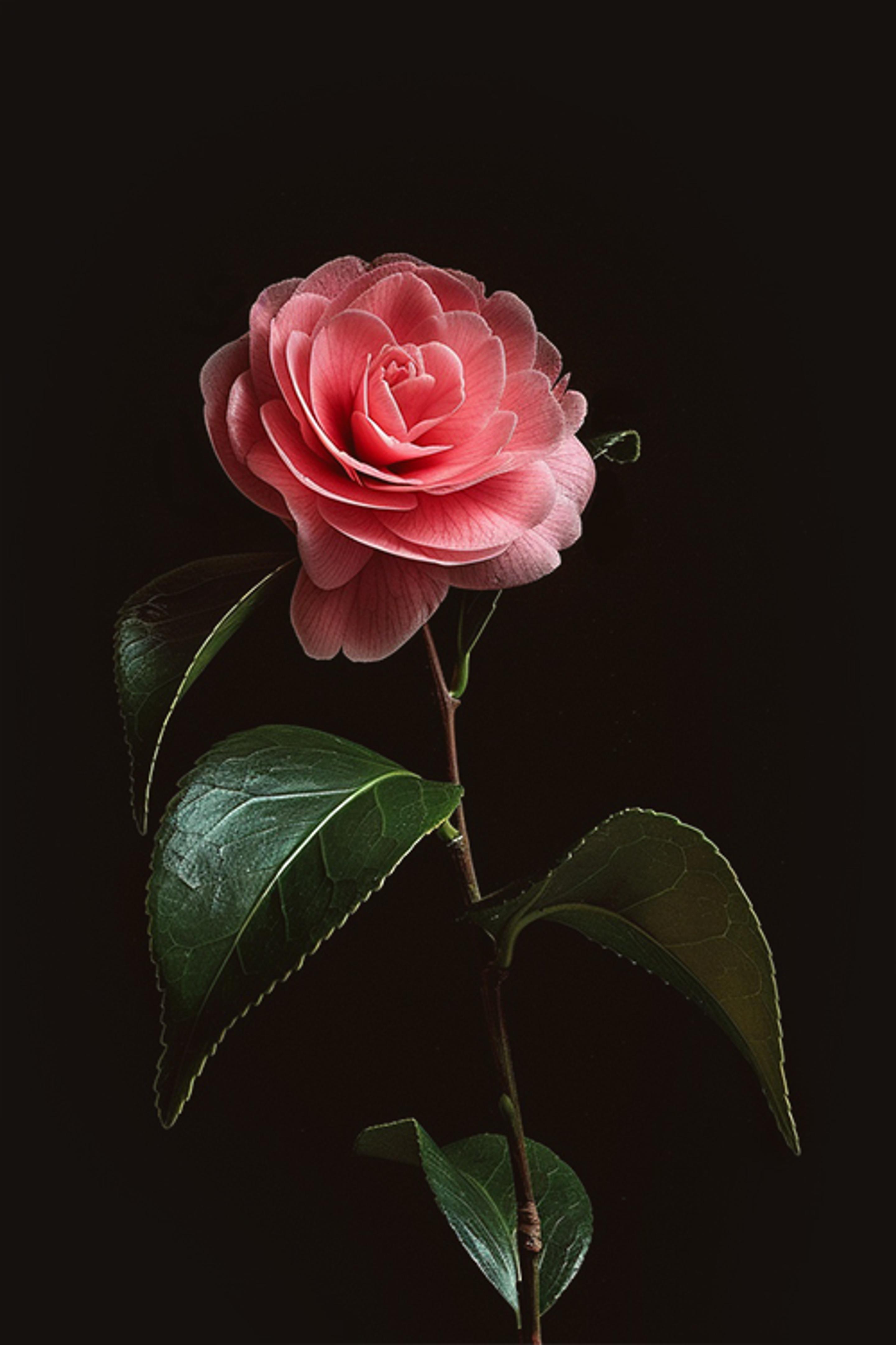 A Camellia flower in closeup, featuring its delicate pink petals arranged in a perfect spiral, with dark green, glossy leaves, all set against a dark background.