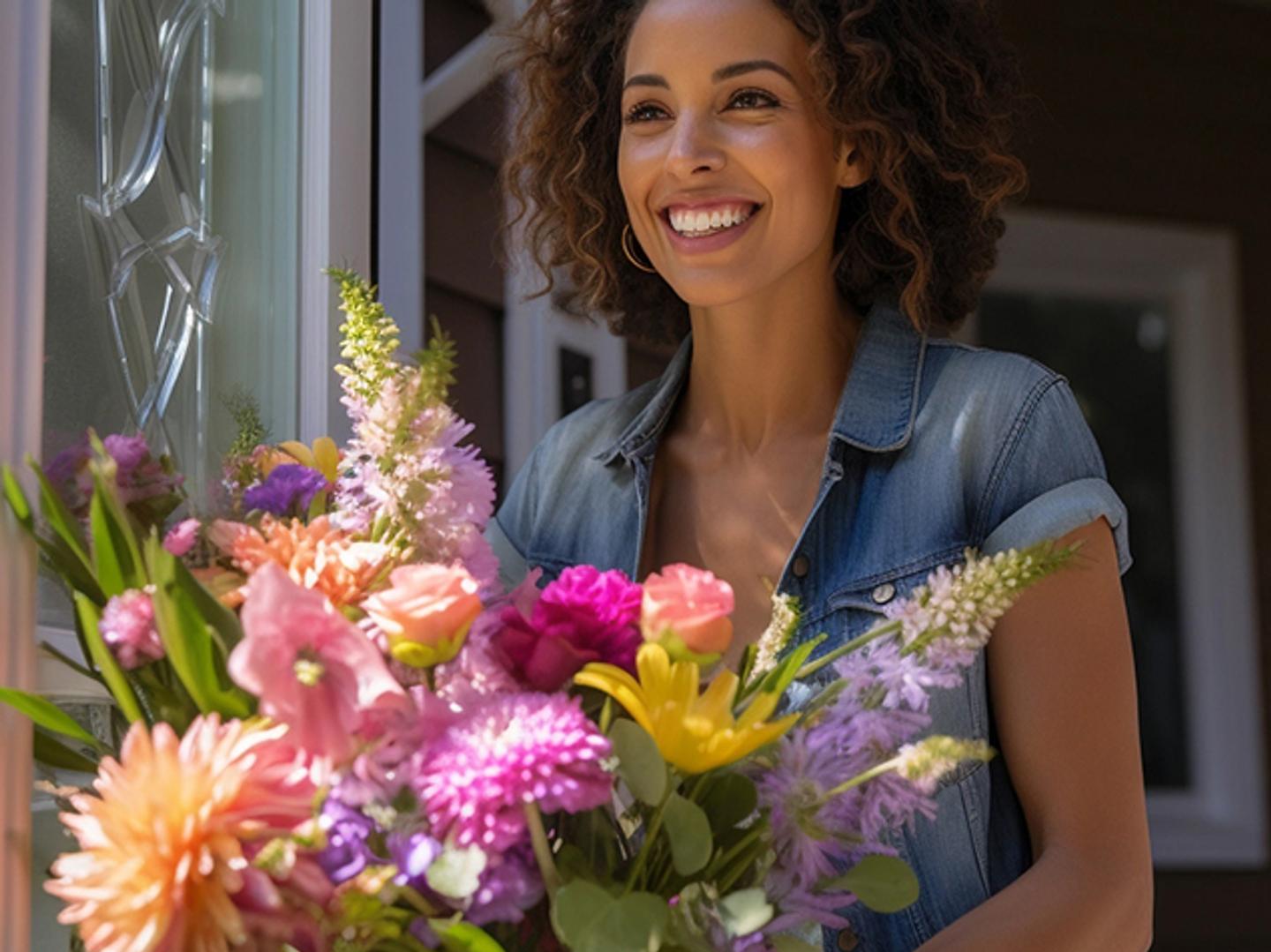 a woman is holding a bouquet of flowers in front of a door .