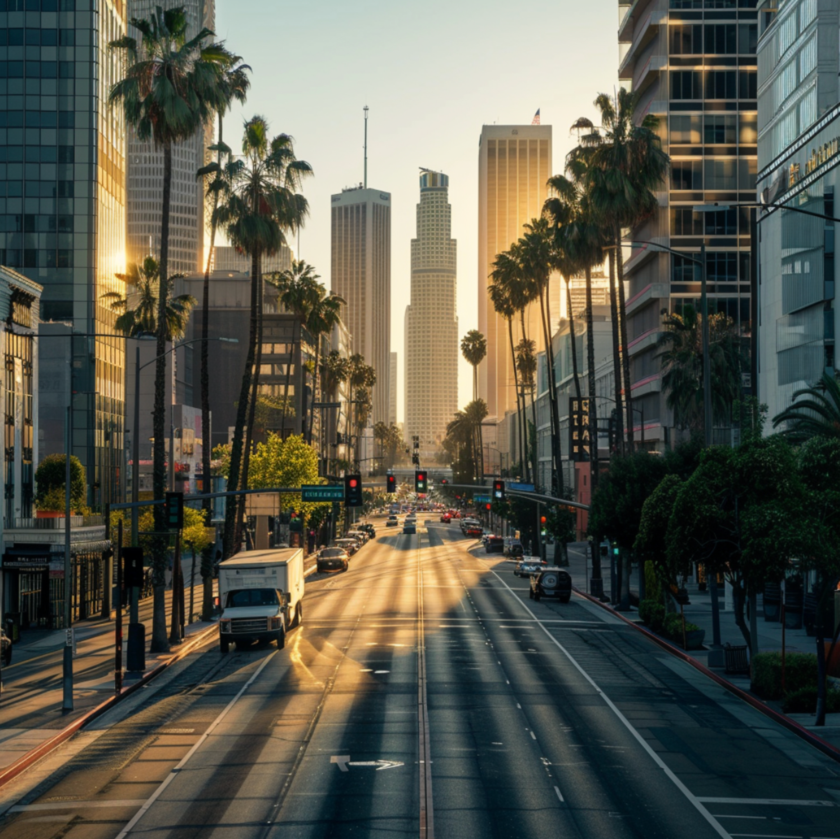 Morning light filters through the palm trees lining a bustling Los Angeles, California, street, casting long shadows on the pavement and highlighting the dynamic energy of the city's downtown skyline.