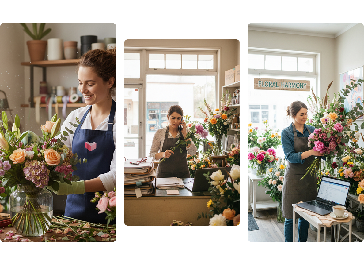 Three scenes of a female florist at work, arranging colorful bouquets and handling customer inquiries.