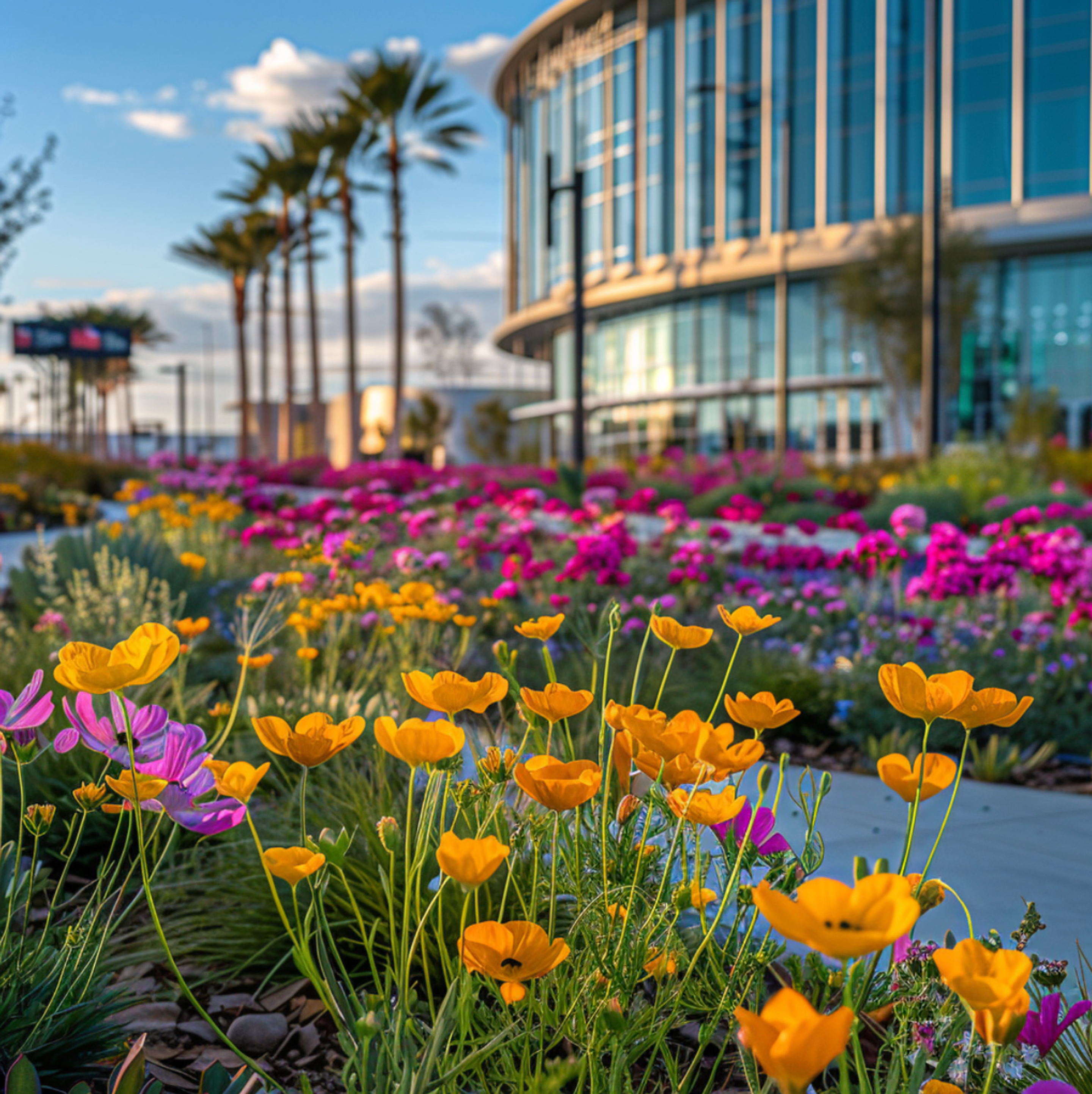 Lush garden in Carson, California, featuring a colorful array of blooming poppies and other flowers, with palm trees and modern architecture in the background, conveying the city's harmonious blend of urban development and natural beauty.