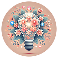 Illustrative lightbulb filled with pink flowers, surrounded by social media icons and foliage.