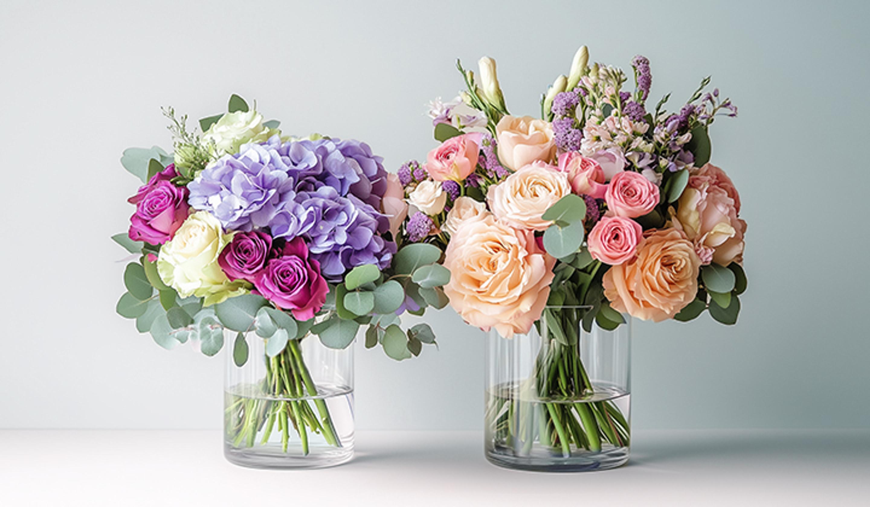 two vases filled with different types of flowers on a table .