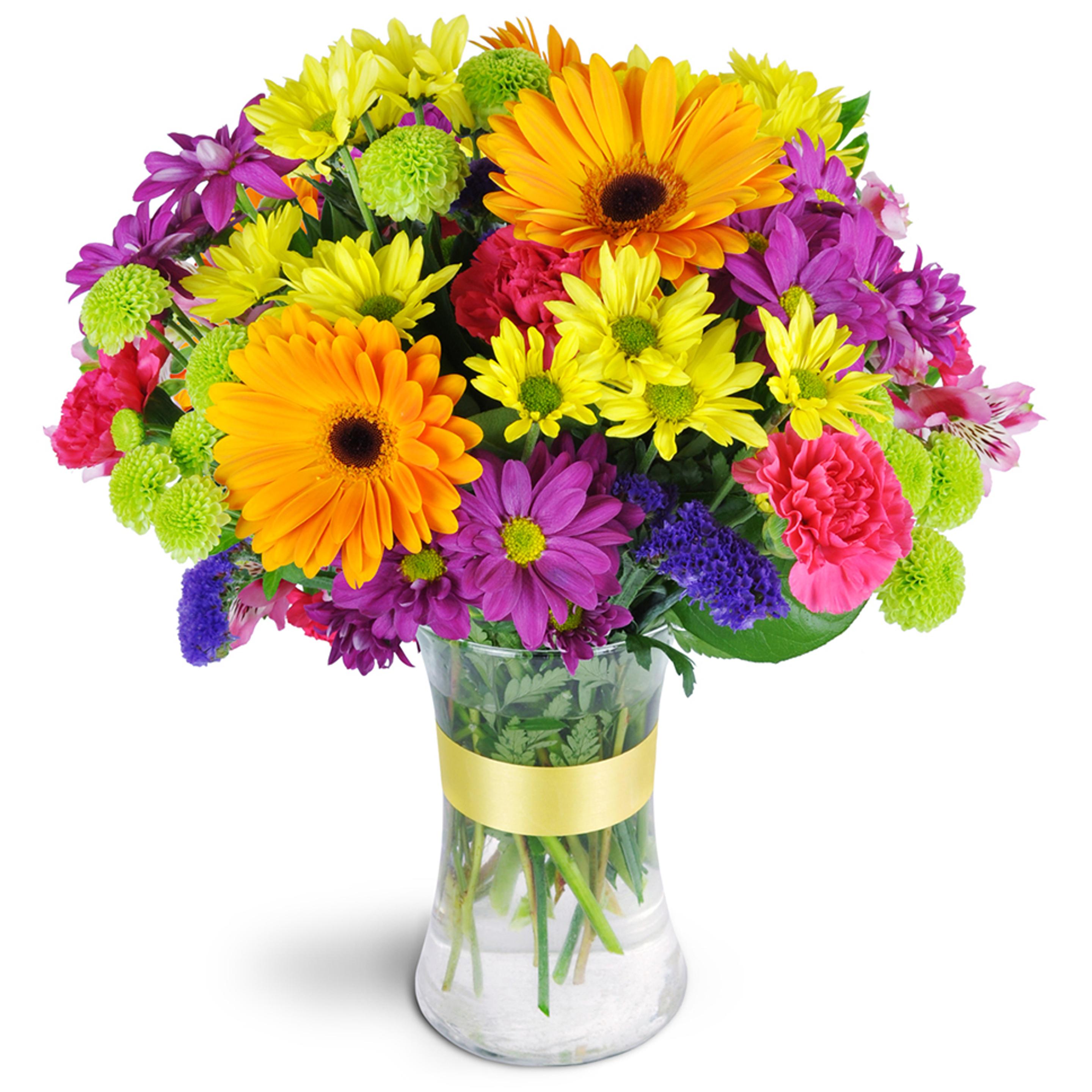 Bright and sunny flowers with pink, orange, yellow, green, perfect to celebrate a friend's birthday