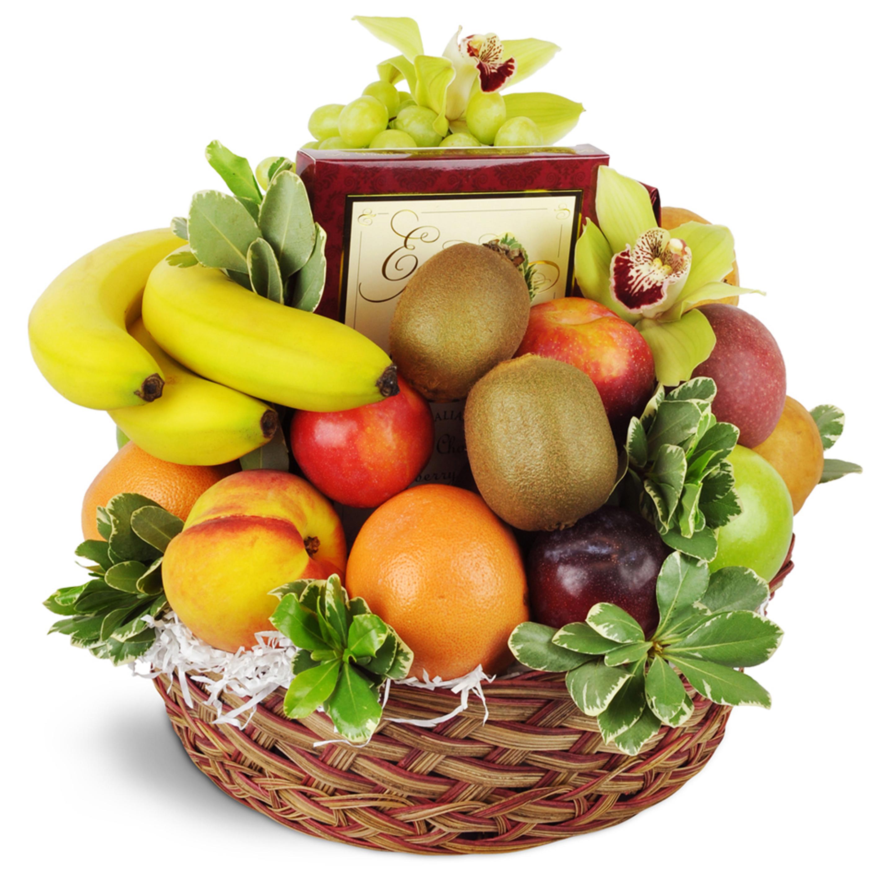 a fruit basket filled with bananas , apples , oranges , kiwi , and orchids .