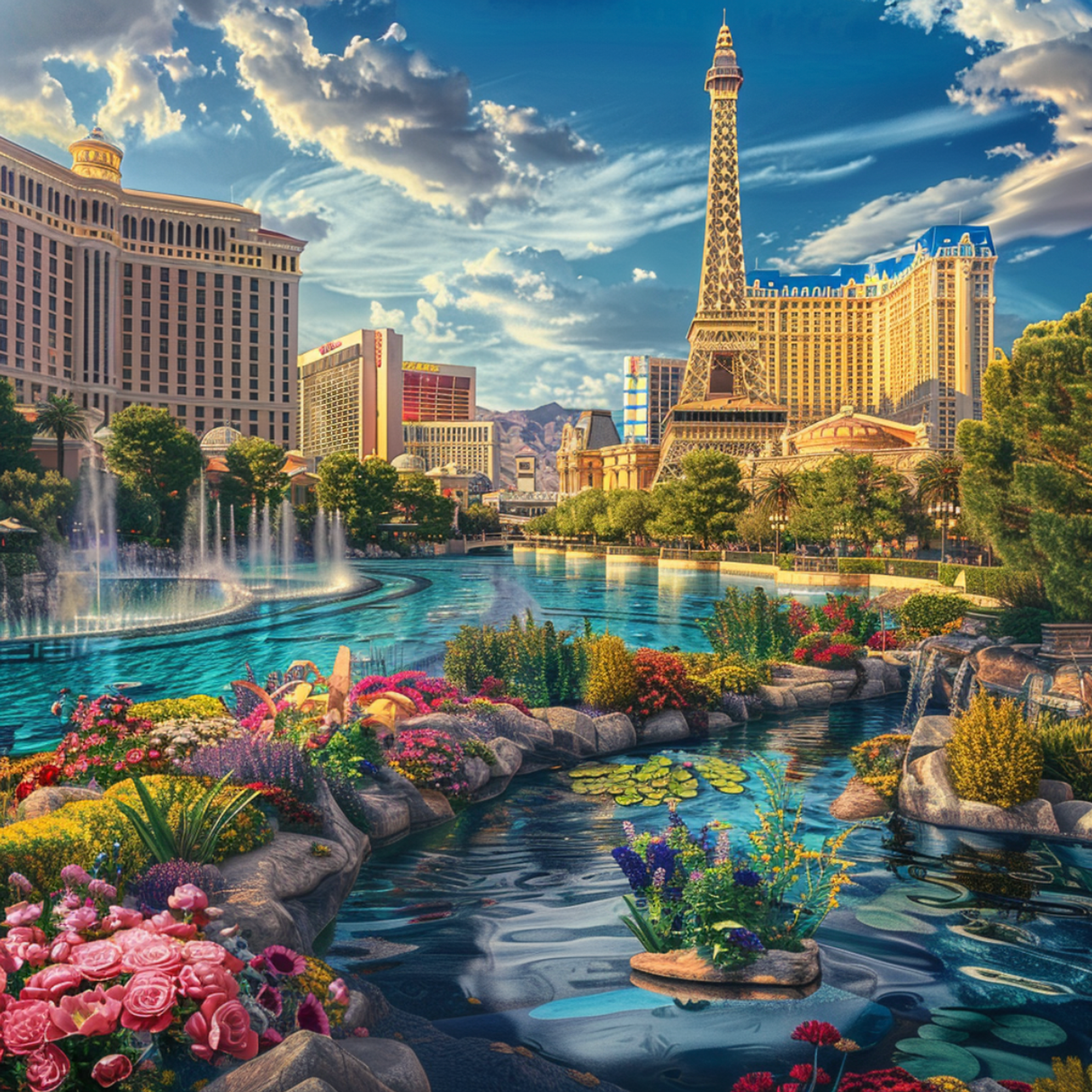 The vibrant Bellagio fountain and lush floral arrangements in the foreground, with the Paris Las Vegas Hotel and its replica Eiffel Tower rising against the Las Vegas skyline, capturing the city's flair for extravagant landscapes and iconic landmarks.