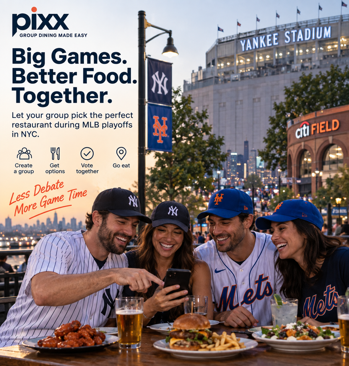 Pixx helps your group pick where to eat before or after the game, without endless texts, restaurant links, or one person choosing for everyone.