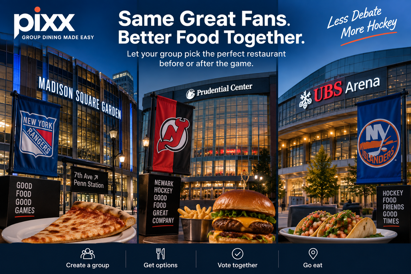Pixx helps your group choose where to eat before or after the game without endless restaurant links, group texts, or one person making the decision.