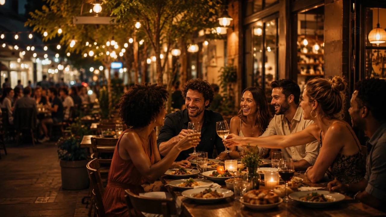 Friends sharing a meal together at an outdoor restaurant table