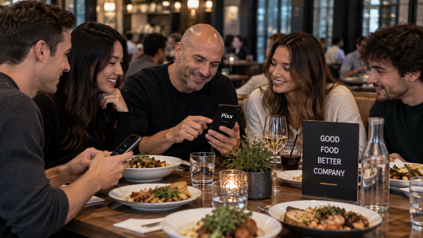 Four friends comparing restaurant options on a phone