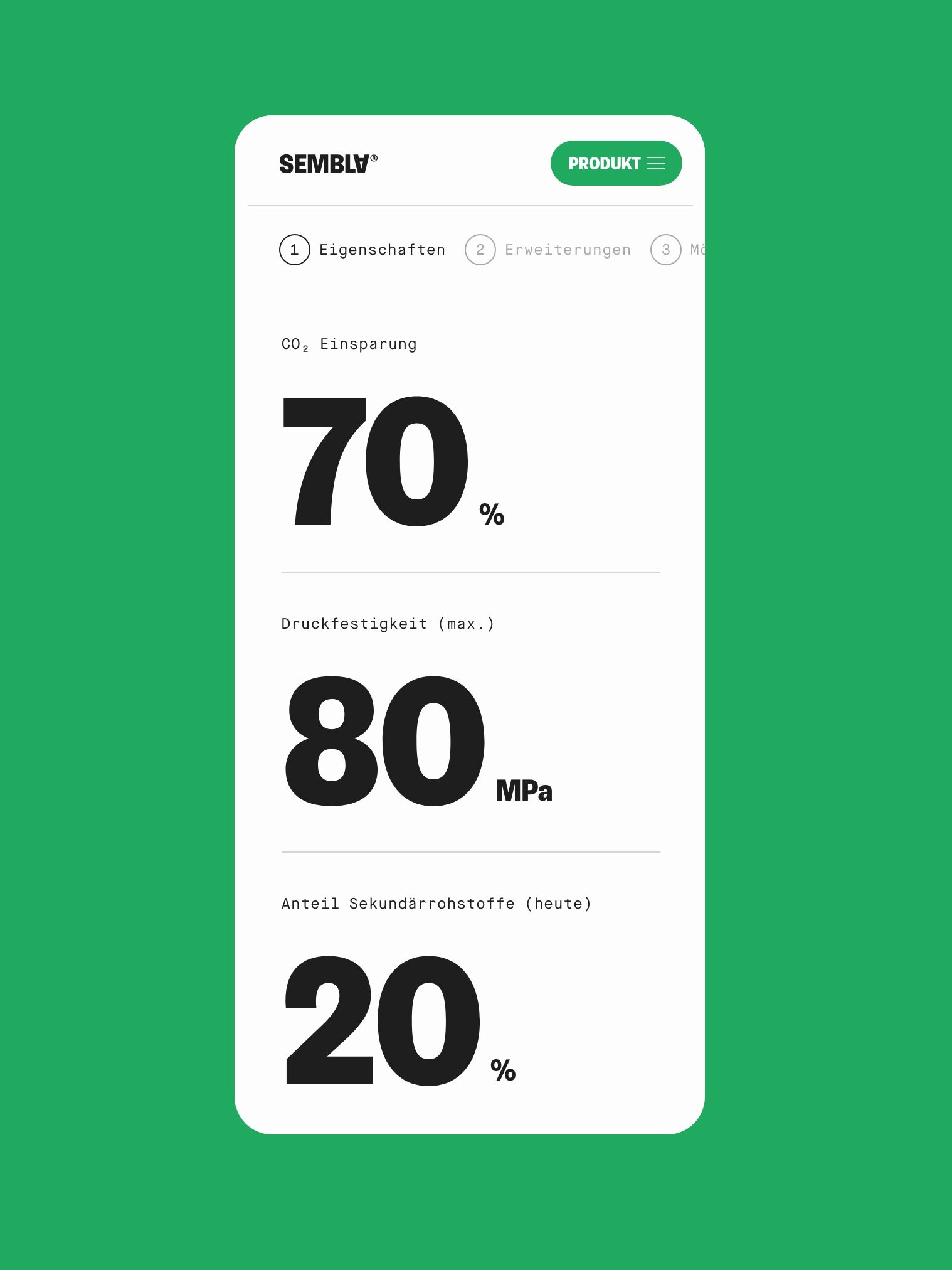 Mobile website displaying numbers in big typography