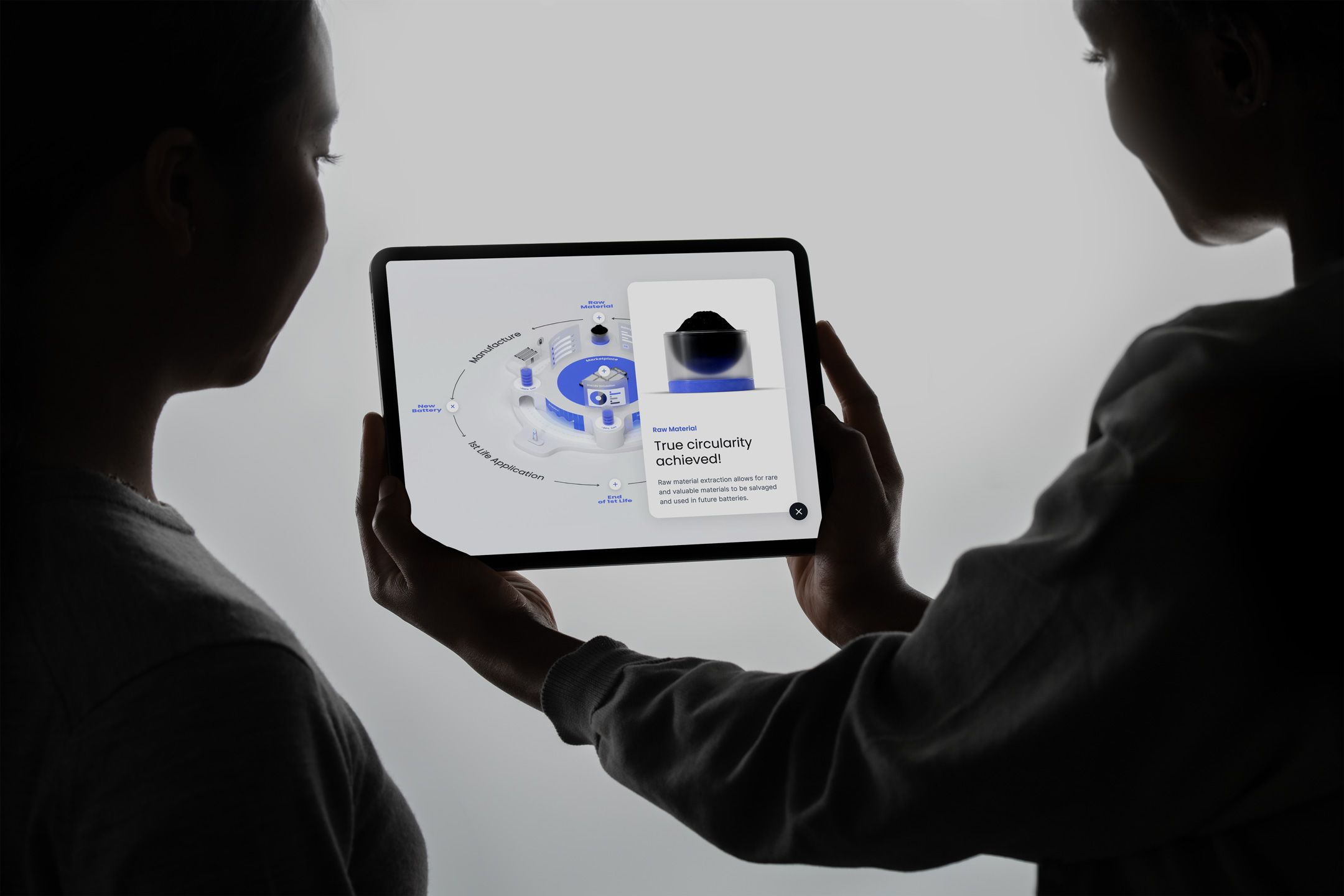 Two people looking at an iPad with the Circunomics Exhibition App running
