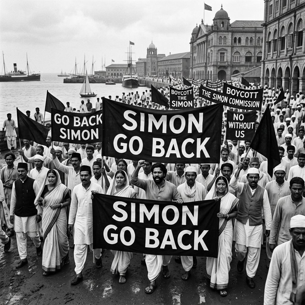 Historic 1928 demonstration showing Indian independence activists holding black flags and Simon Go Back banners at Bombay harbor