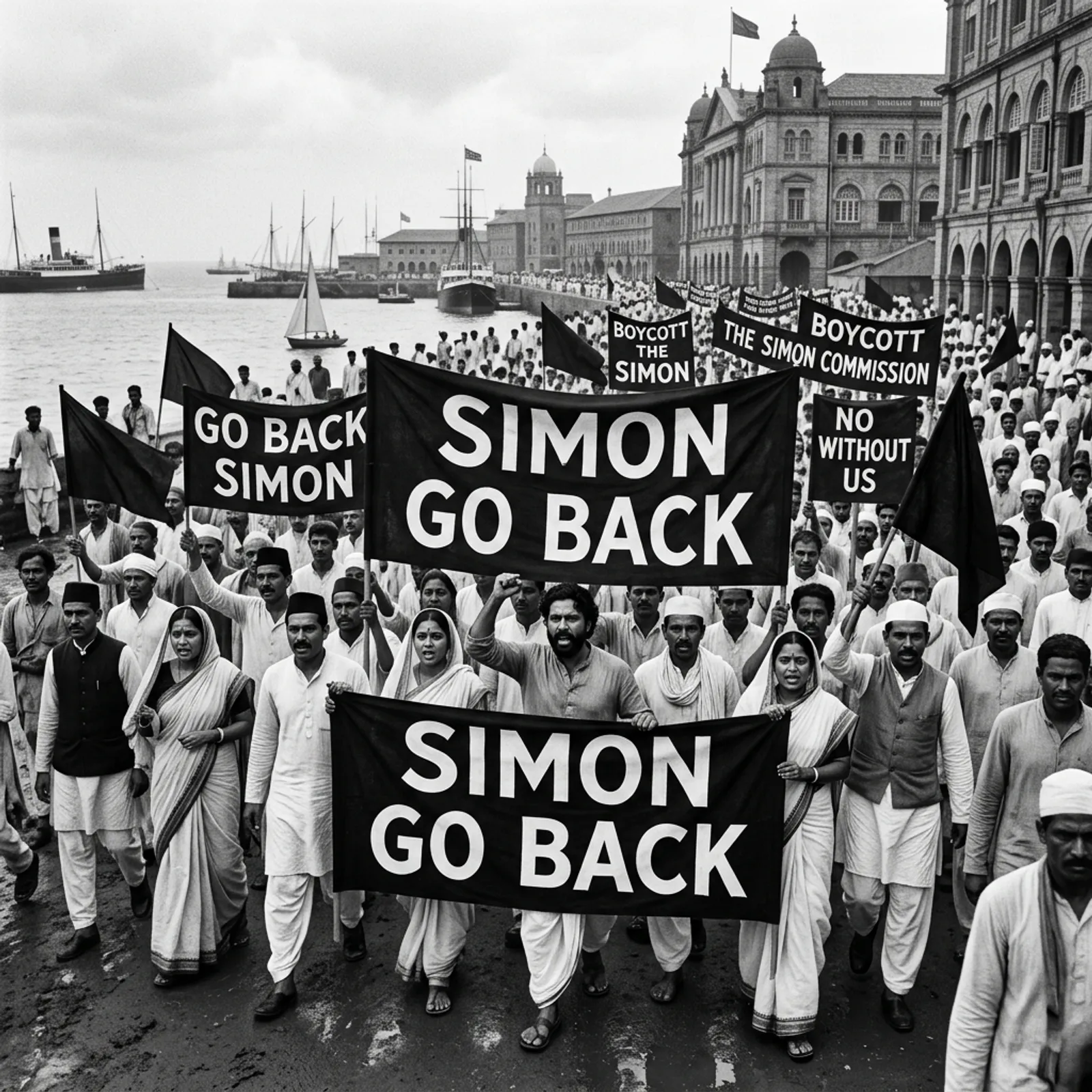 Historic 1928 crowd protesting against Simon Commission with Simon Go Back banners at Bombay harbour