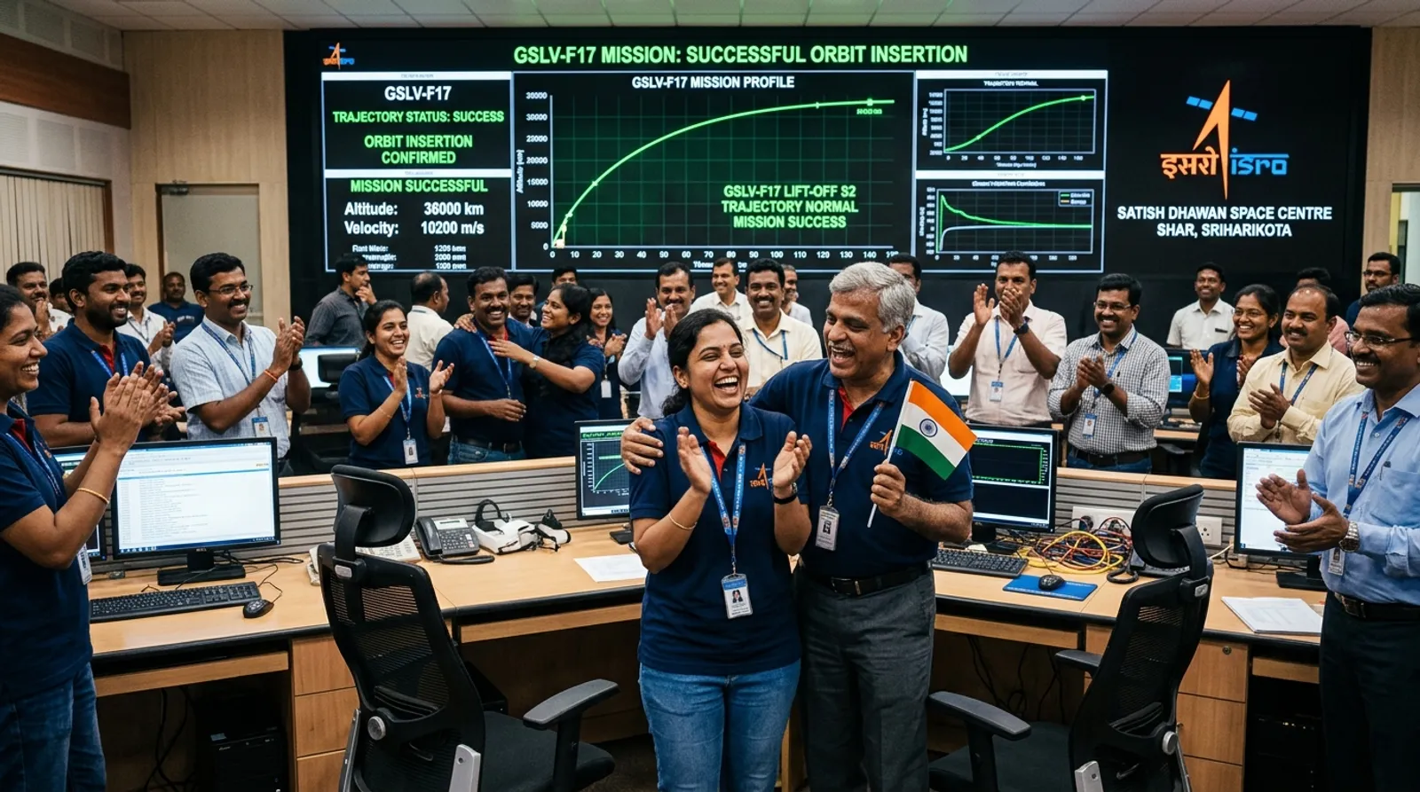 ISRO Mission Control Center Sriharikota scientists celebrating GSLV-F17 launch