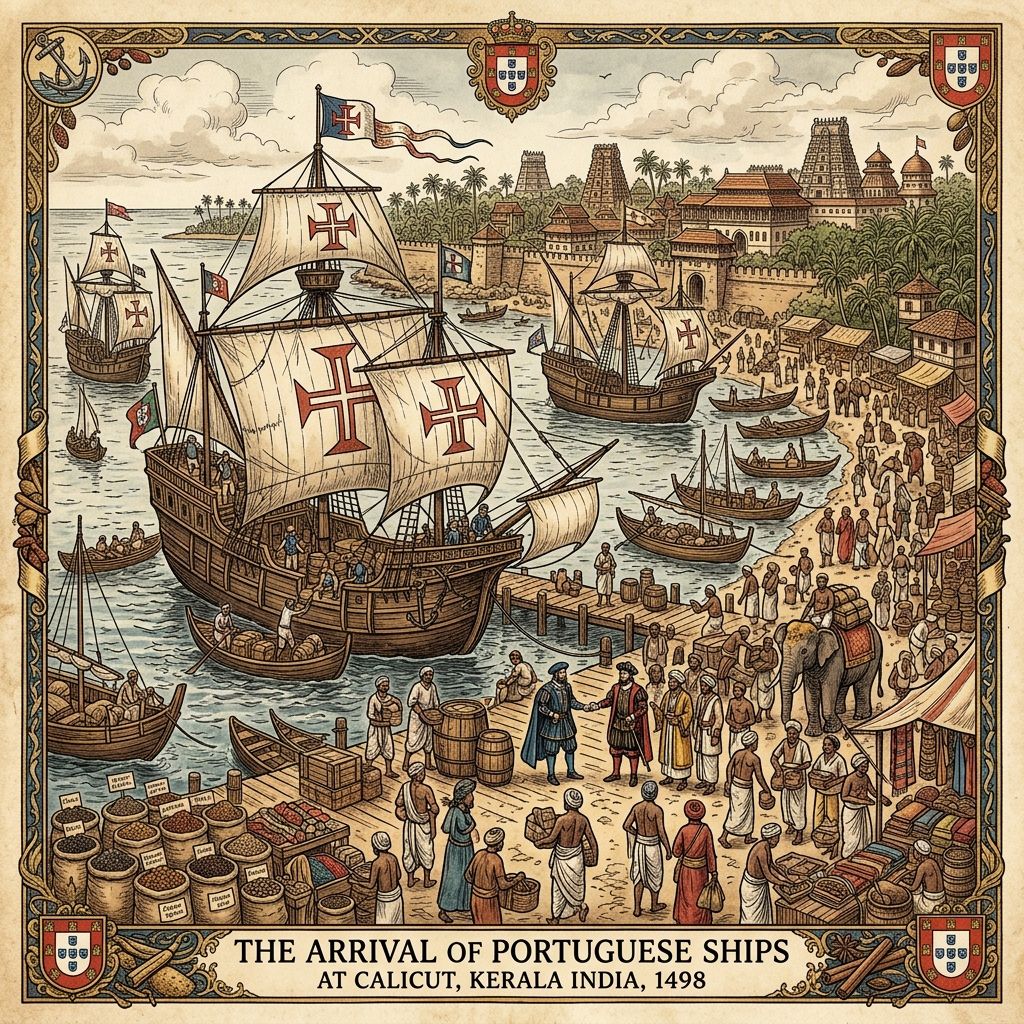 Portuguese ships arriving at the port of Calicut Kerala India in 1498 greeted by Zamorin king