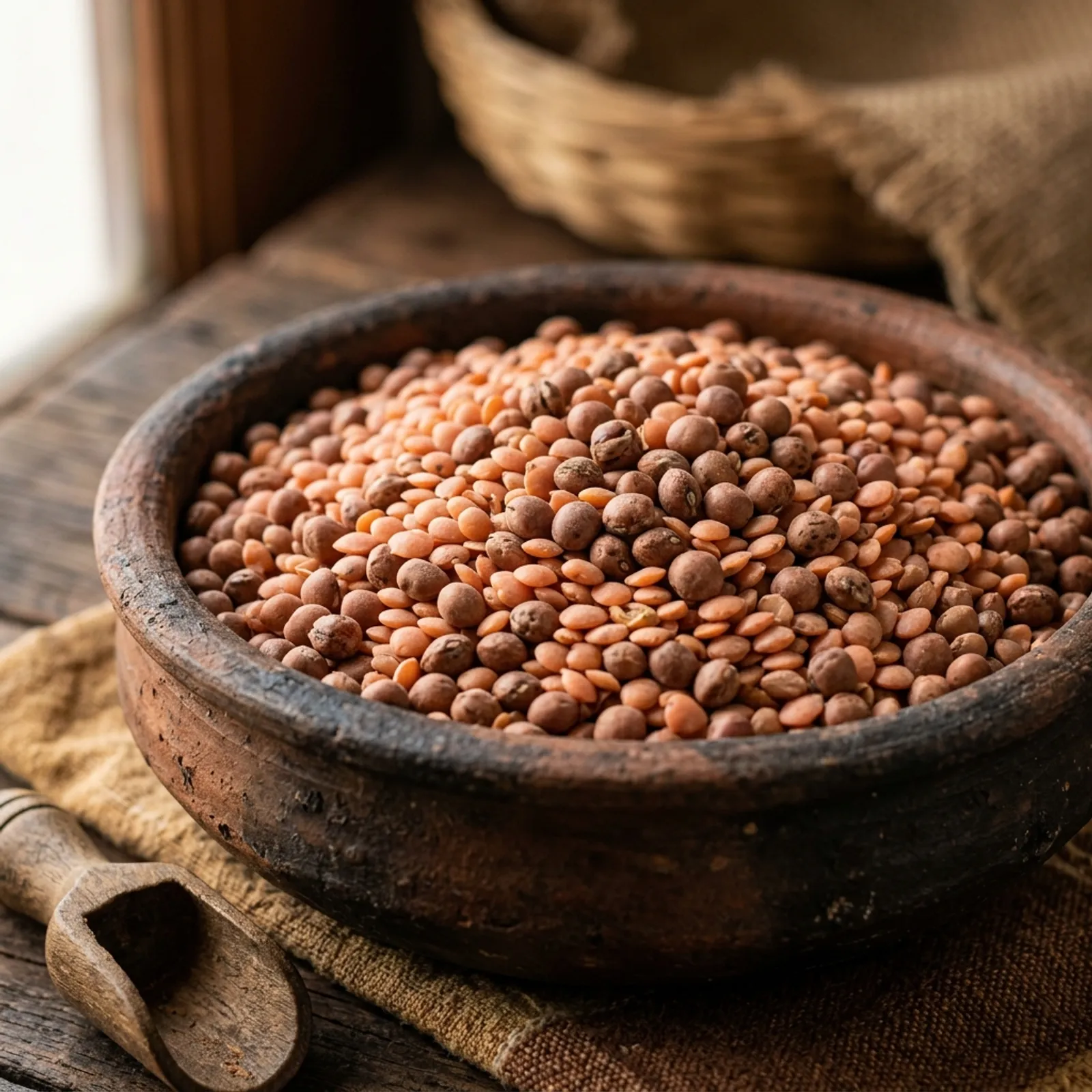 A close-up shot of sun-dried red lentils and pigeon peas of Baigani Arhar in a rustic clay bowl
