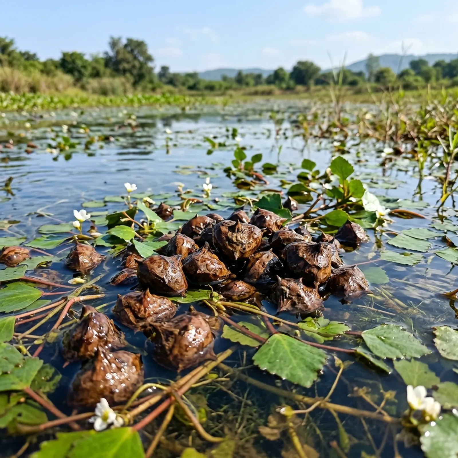 Glossy dark brown and green Jabalpur Singhada water chestnuts freshly harvested and resting in pond water