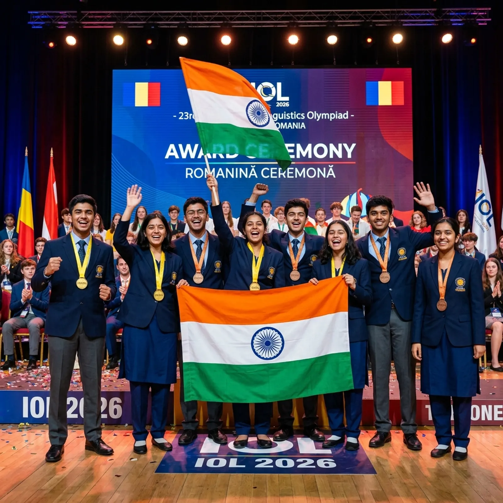Indian students celebrating gold and bronze medals with Indian national flag at IOL 2026 Bucharest