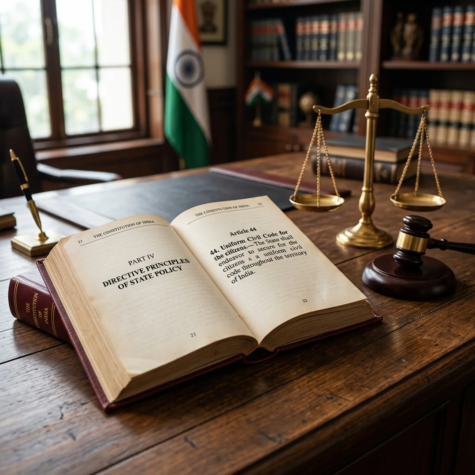Constitution of India book open at Article 44 Directive Principles of State Policy with scales of justice