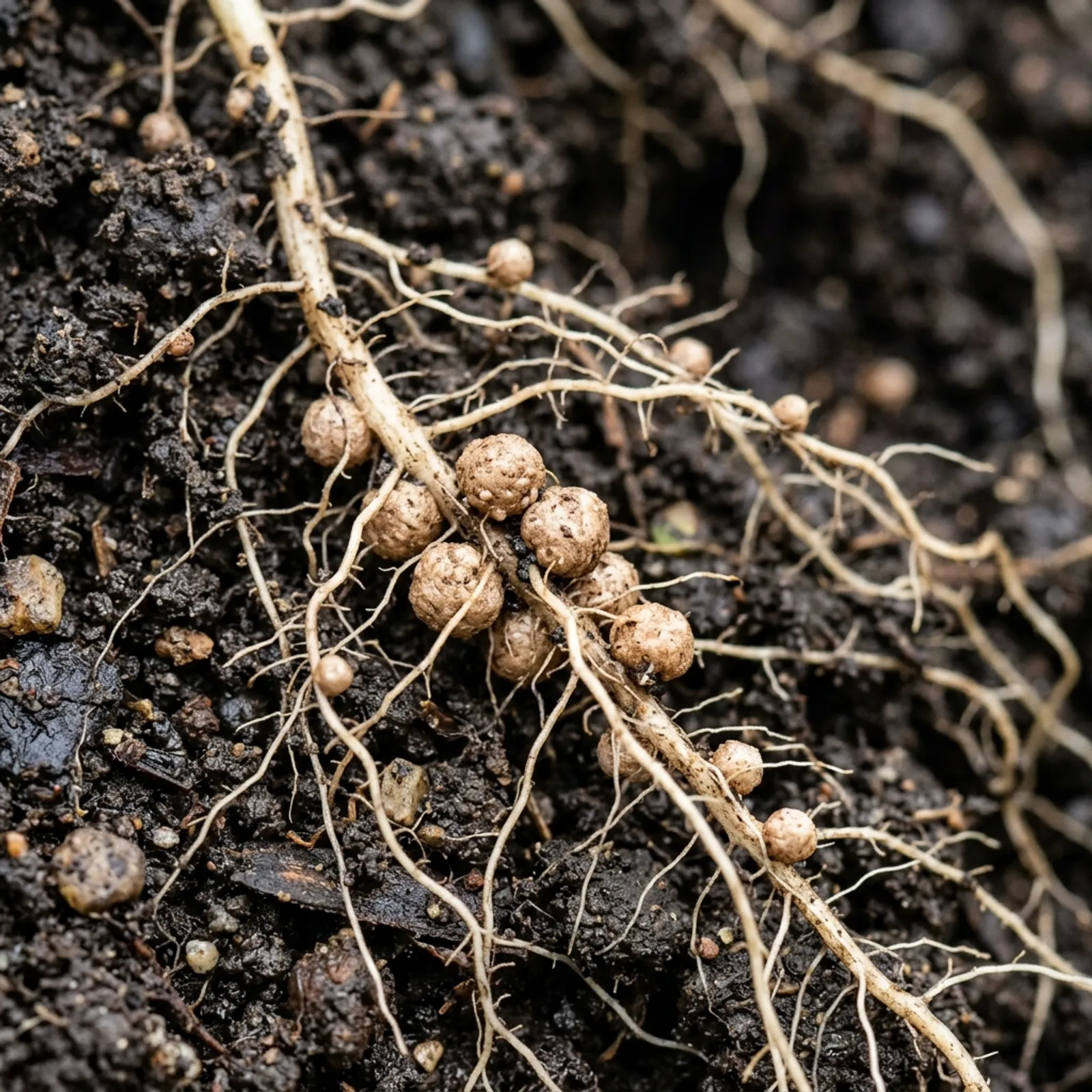 Legume plant roots with Rhizobium root nodules in rich dark soil representing bio-fertilizers for MPPSC and UPSC