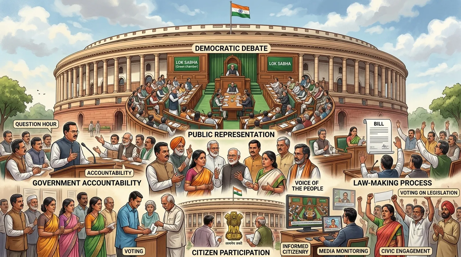 भारतीय संसद (संसद भवन) में बहस, प्रतिनिधित्व और पारदर्शी कानून निर्माण | MPPSC & UPSC Notes