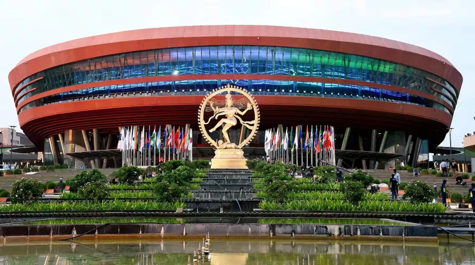 Bharat Mandapam, New Delhi — Host Venue of 18th BRICS Summit 2026 with Nataraja Statue and international flags