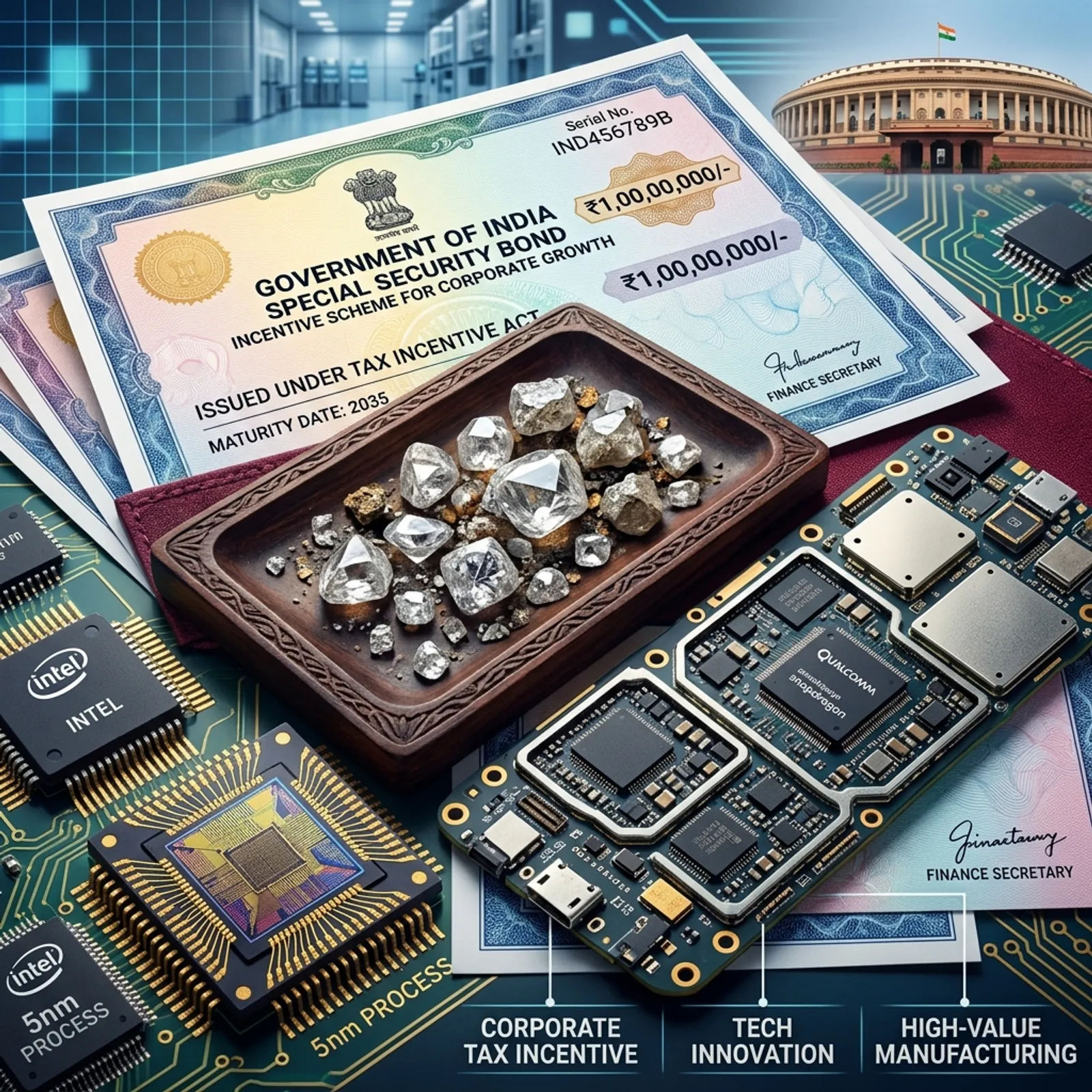 Illustration of uncut diamonds, semiconductor microchips and Indian Government bond certificates representing tax incentives