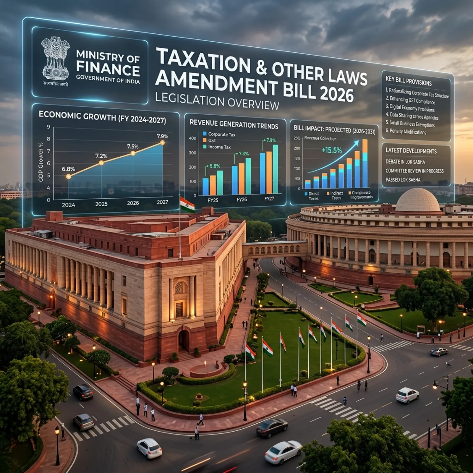 Indian Parliament Sansad Bhavan with financial dashboard overlay for Taxation and Other Laws Amendment Bill 2026