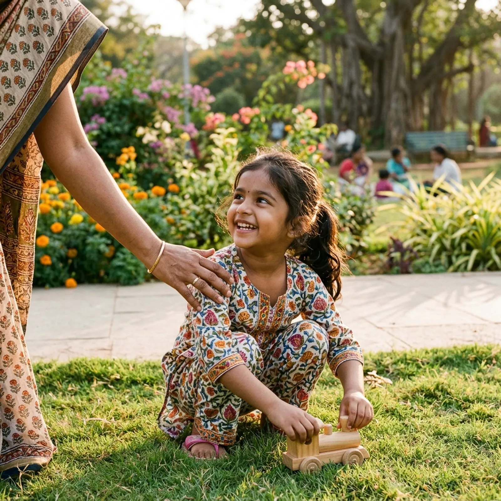 A happy Indian child playing safely outdoors in a sunny park with a protective adult nearby