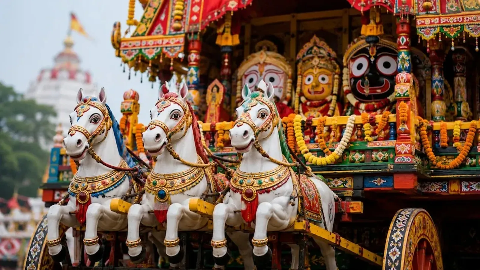 सजे-धजे घोड़ों और पारंपरिक नक्काशी से सजा भगवान का रथ