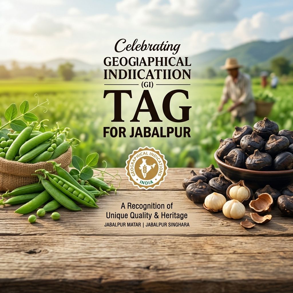 A professional celebration banner for Jabalpur's GI Tag showing green peas on the left and fresh water chestnuts on the right