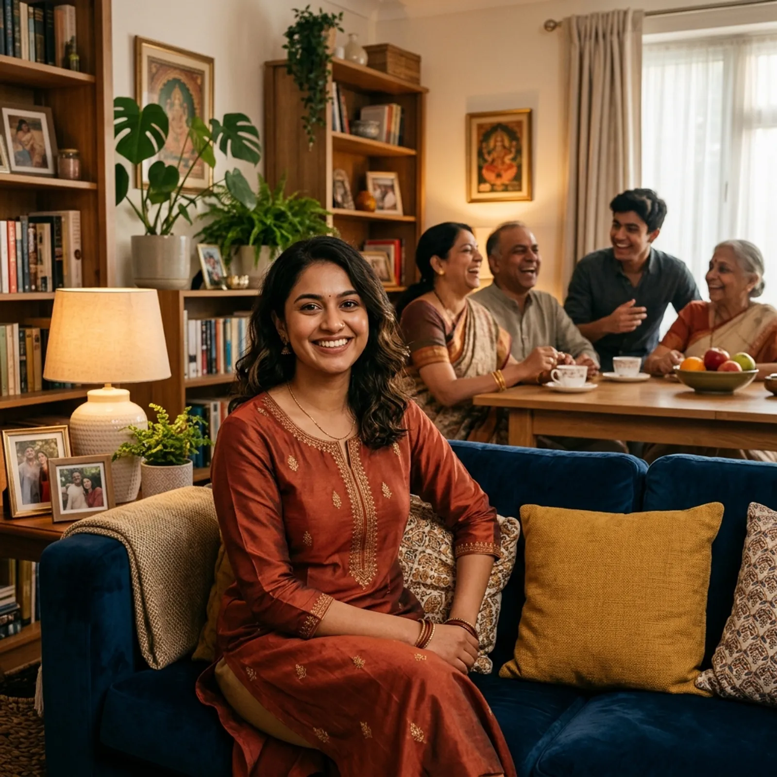 A young Indian woman smiling confidently in a safe and supportive home environment with family in background