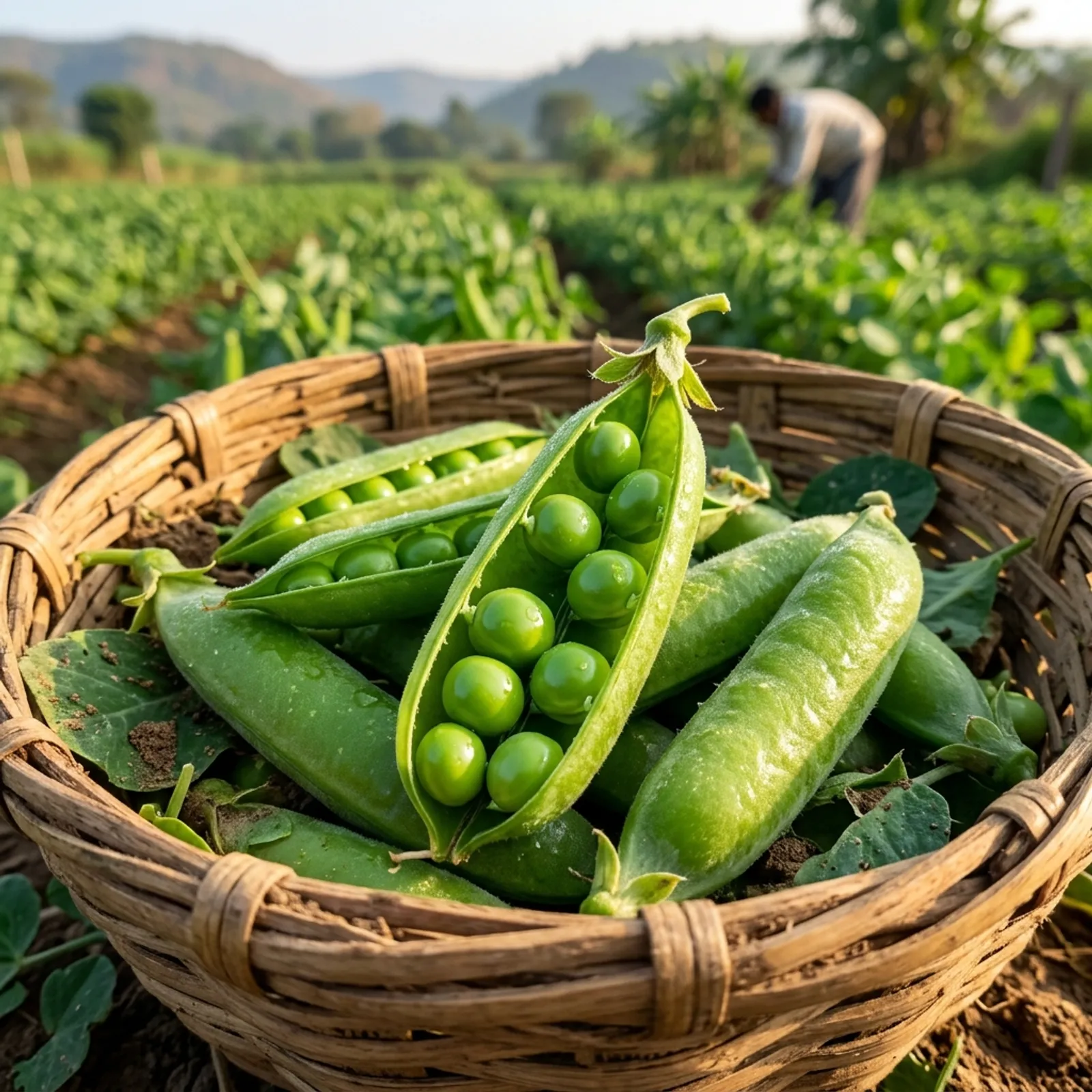 Fresh green Jabalpuri Matar inside pods displayed in a rustic wooden basket on a local farm in Narmada Valley
