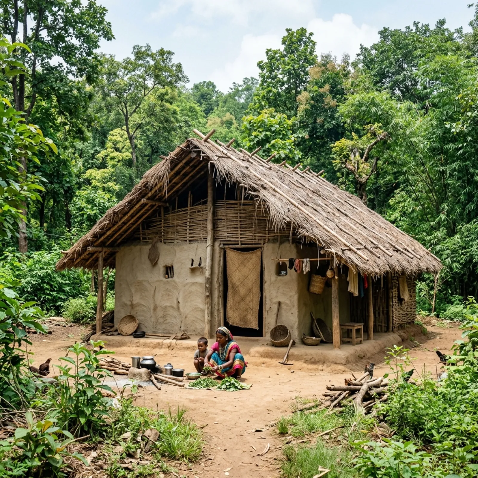 Traditional Baiga mud house with thatched roof