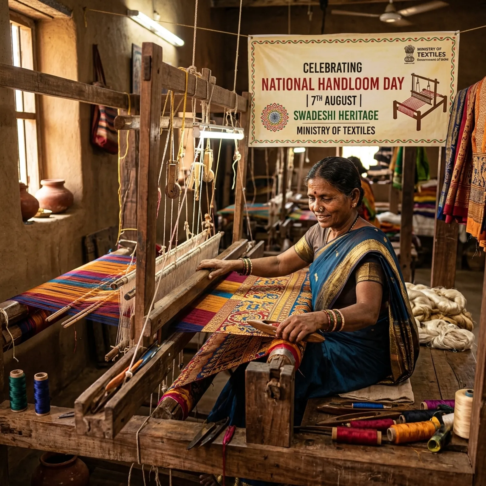 National Handloom Day 2026: Artisan woman weaving silk saree on traditional wooden handloom | MPPSC & UPSC Notes