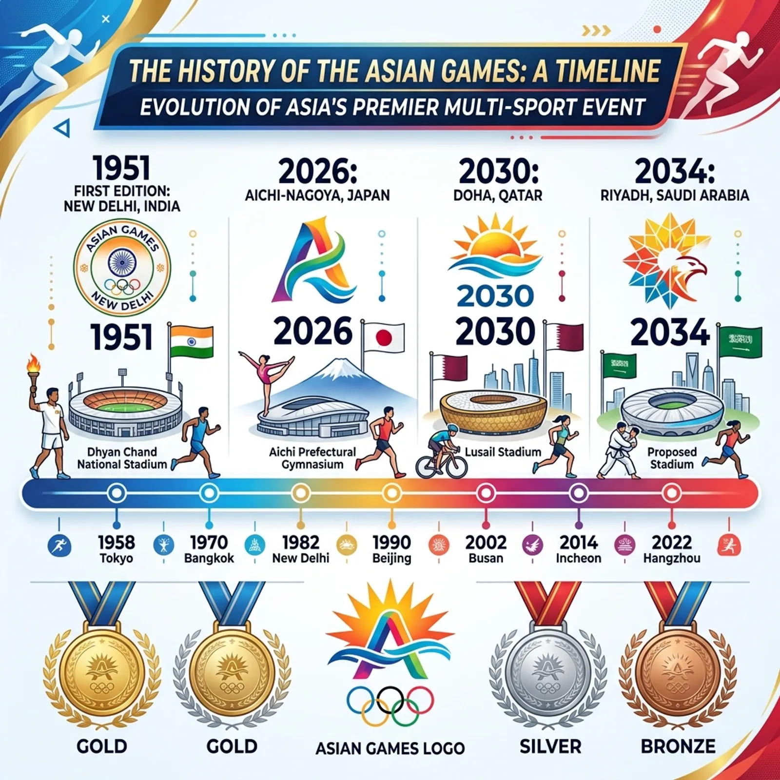 एशियन गेम्स (Asian Games) का इतिहास एवं भावी आयोजन स्थल (1951 नई दिल्ली से 2034 रियाद)