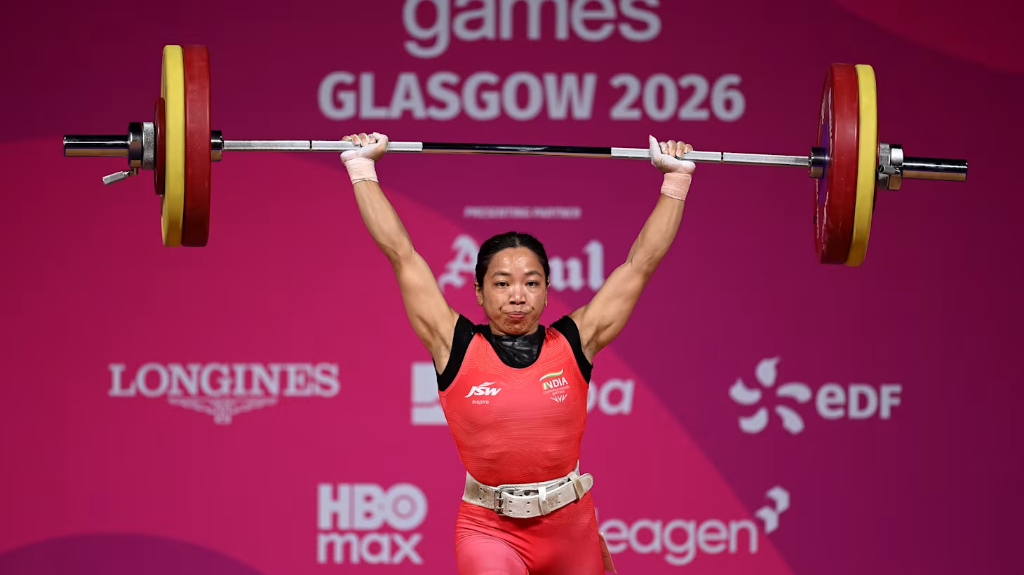 Mirabai Chanu Gold Medal Weightlifting Clean Jerk Action Shot Glasgow 2026 Commonwealth Games MPPSC UPSC Notes