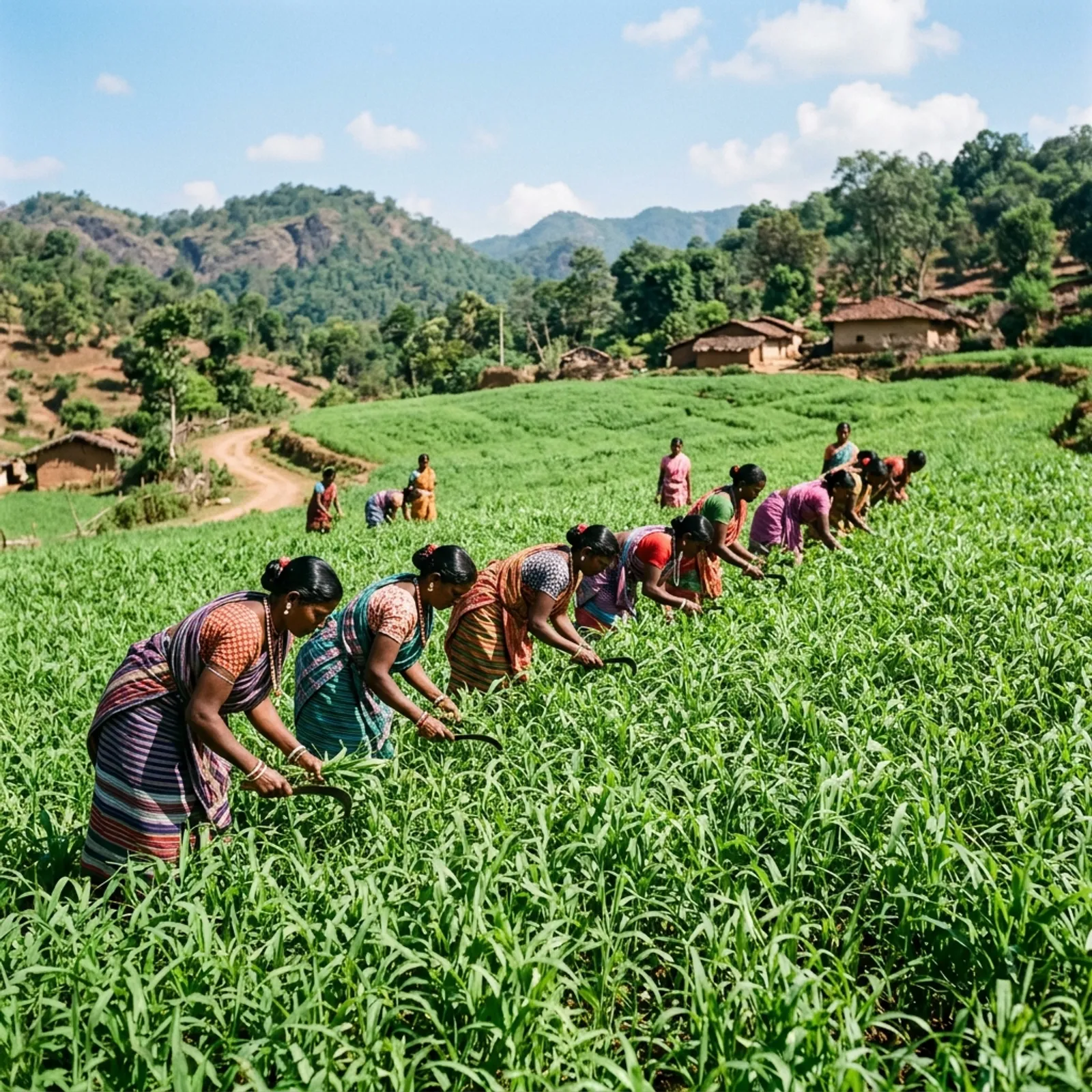 A lush green organic millet field of Kutki crop in Dindori, Madhya Pradesh, with local tribal farmers working in the background