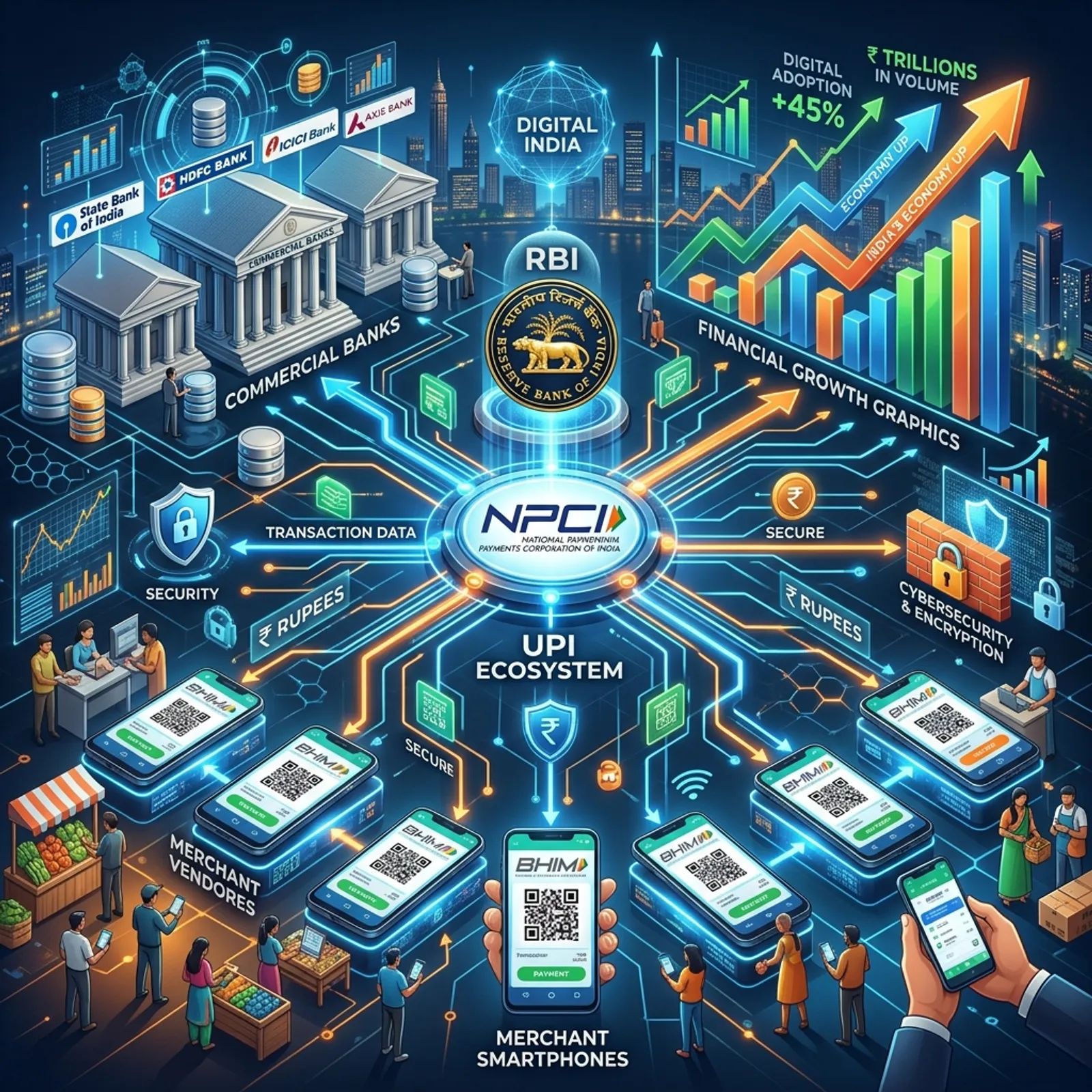 3D digital illustration of India UPI payment ecosystem connecting commercial banks RBI NPCI fintech MPPSC notes