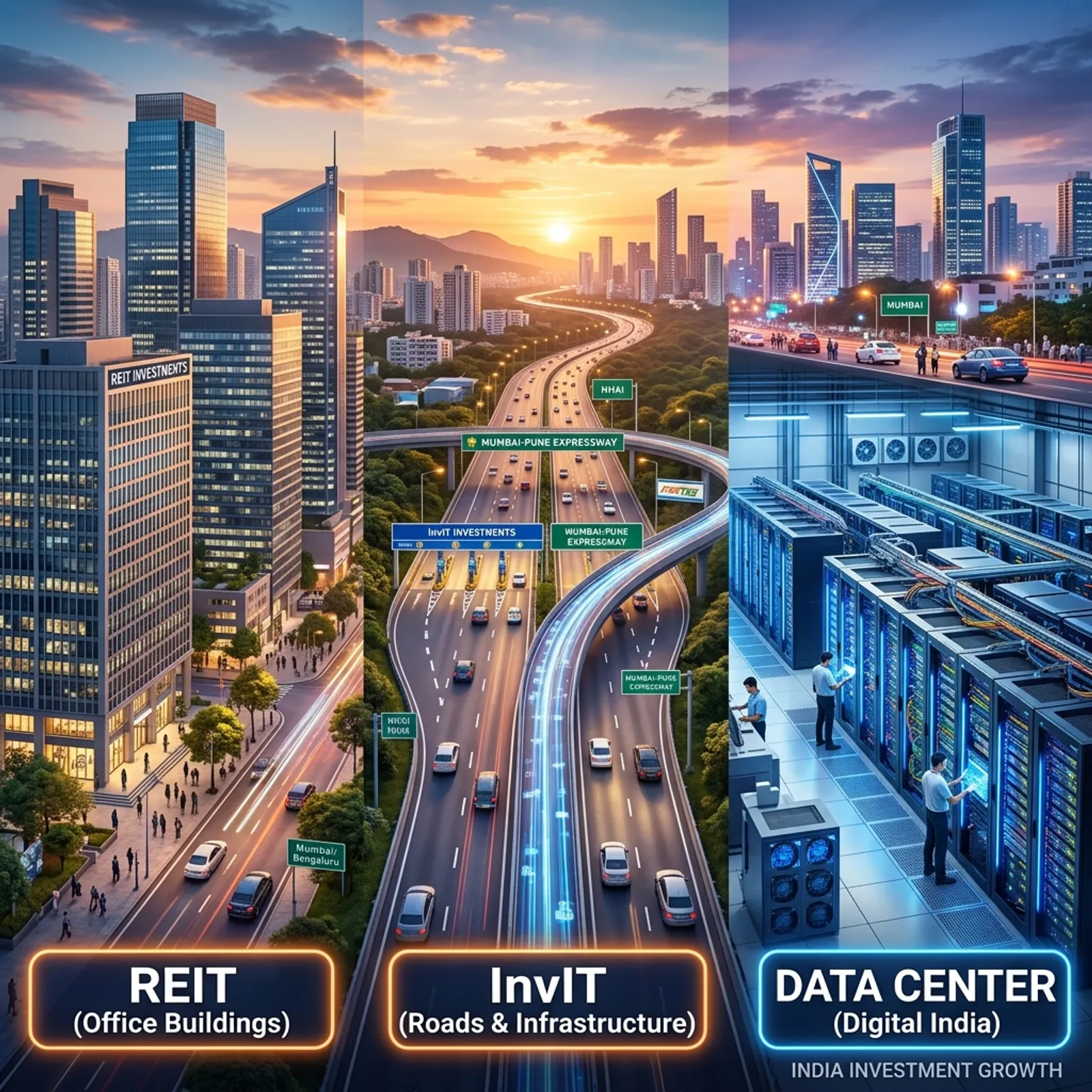 Futuristic illustration showing REIT office buildings, InvIT highways, and Data Centers in India