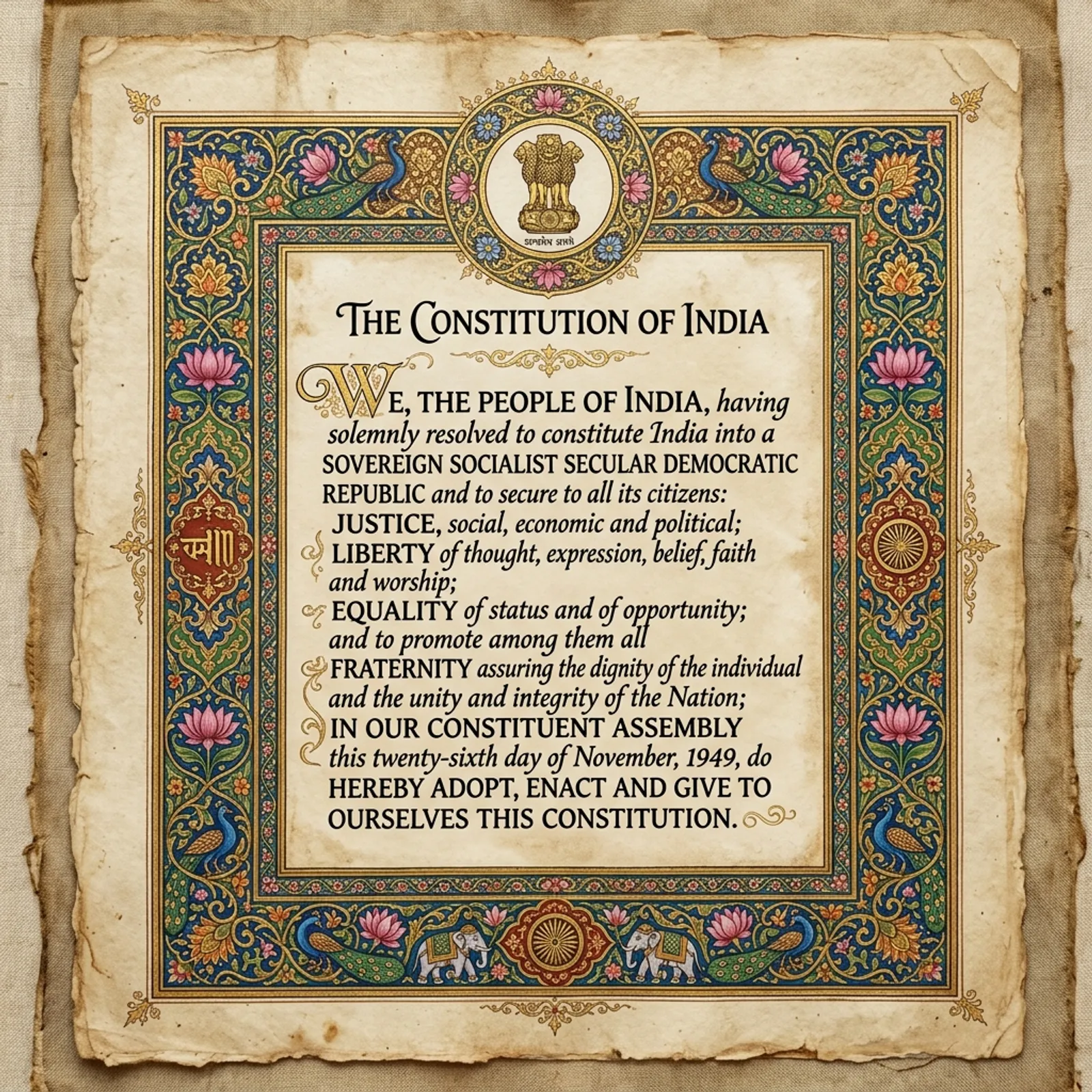 Ornate calligraphic Preamble page of the Constitution of India, showing beautiful gold patterns and painted borders