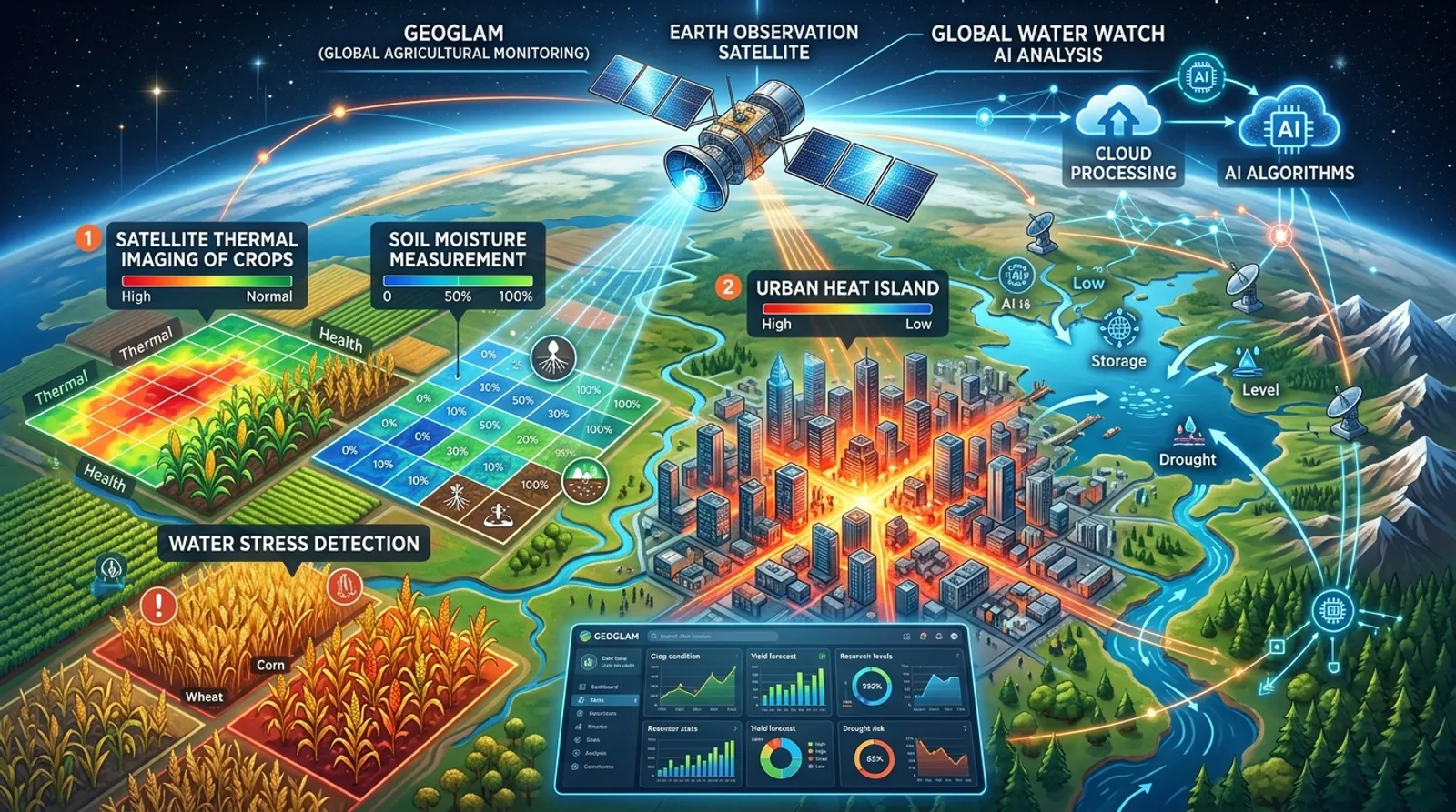 Agricultural water stress, Urban Heat Island, GEOGLAM and Global Water Watch AI technology | MPPSC & UPSC Notes
