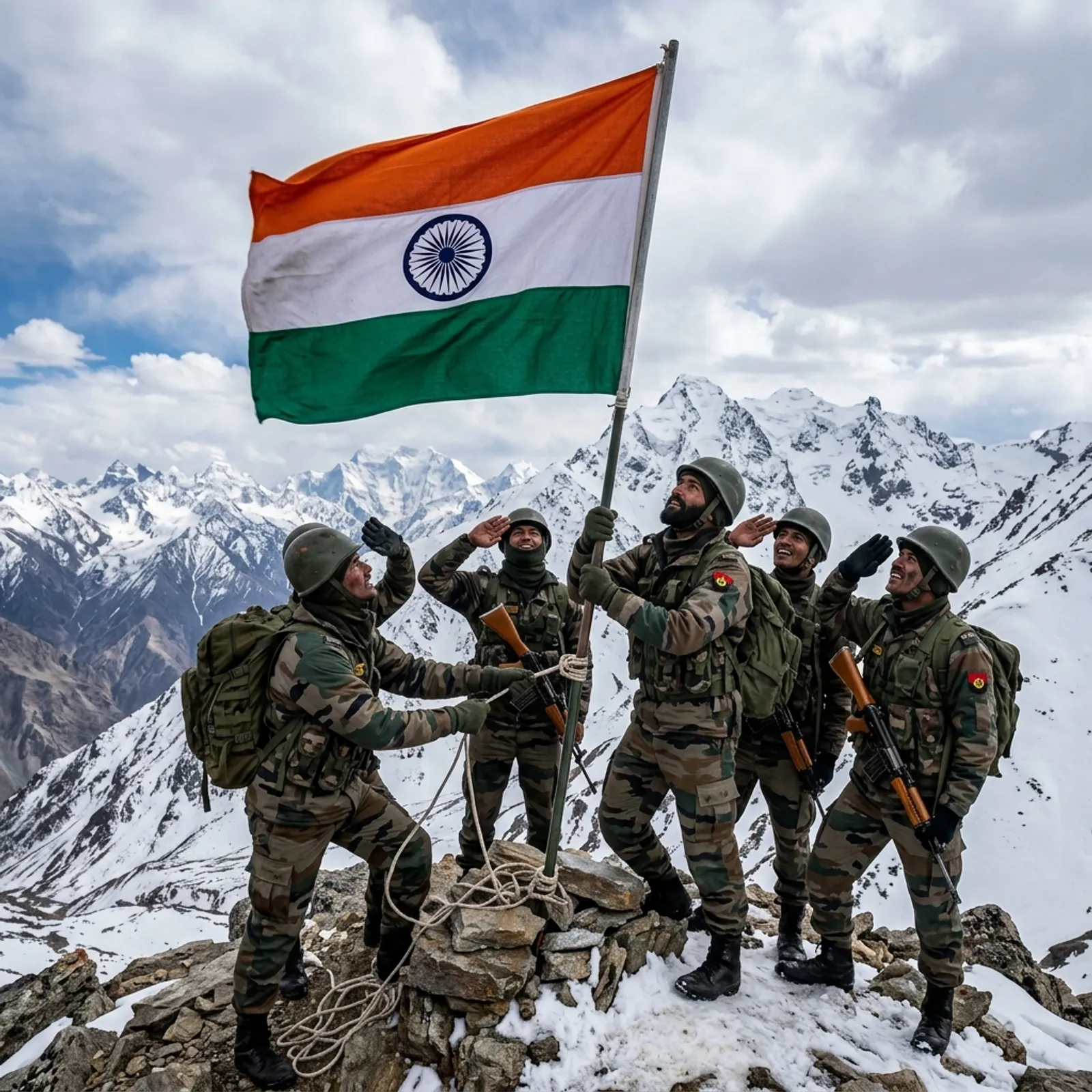 Brave Indian soldiers hoisting the national tricolor flag on top of Tiger Hill mountain peak in Kargil