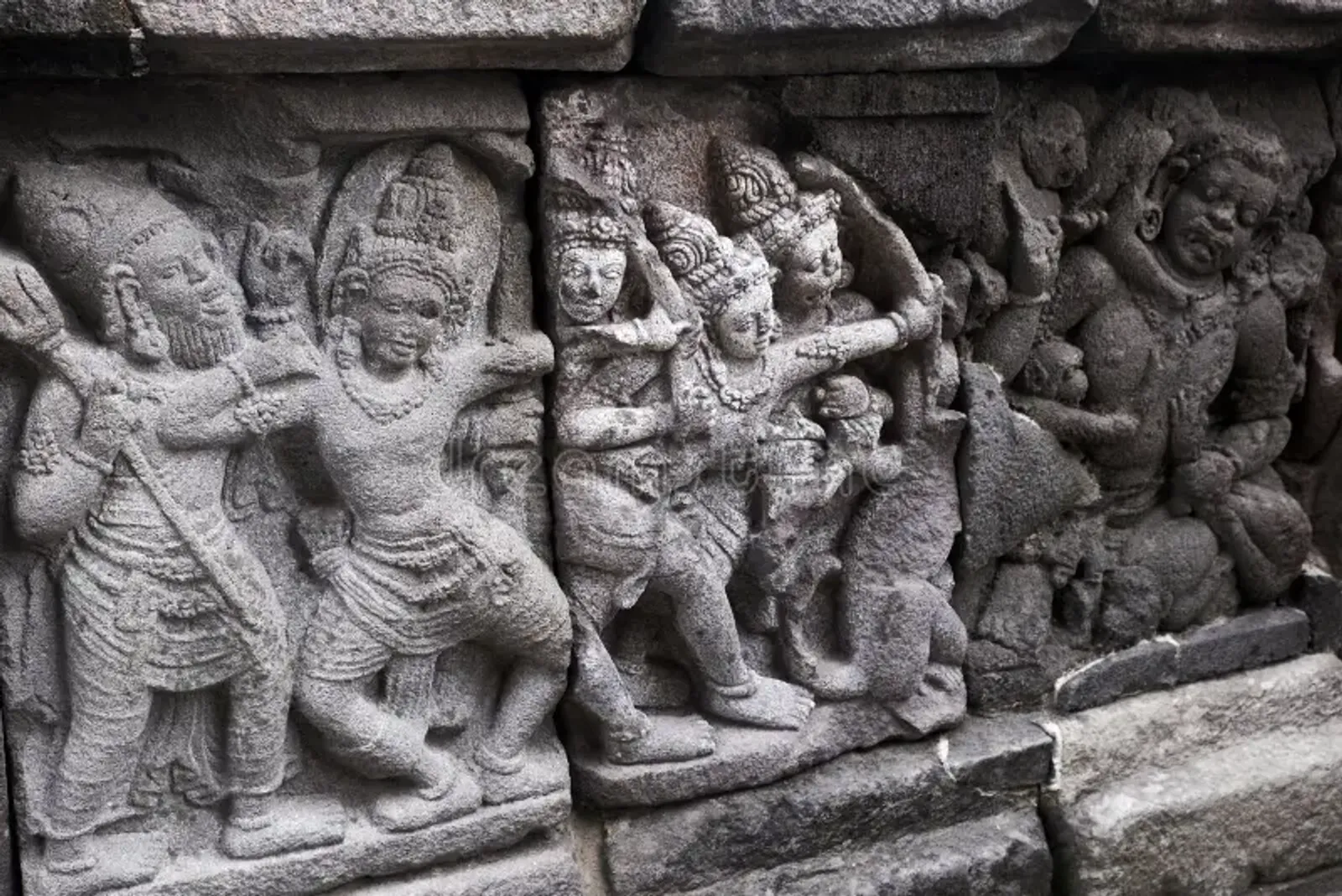 Stone bas-relief carvings illustrating Ramayana stories at Prambanan