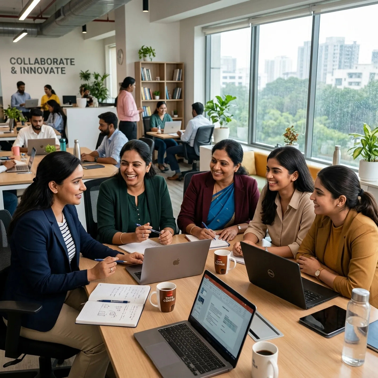 Professional Indian women collaborating happily in a modern and safe office environment