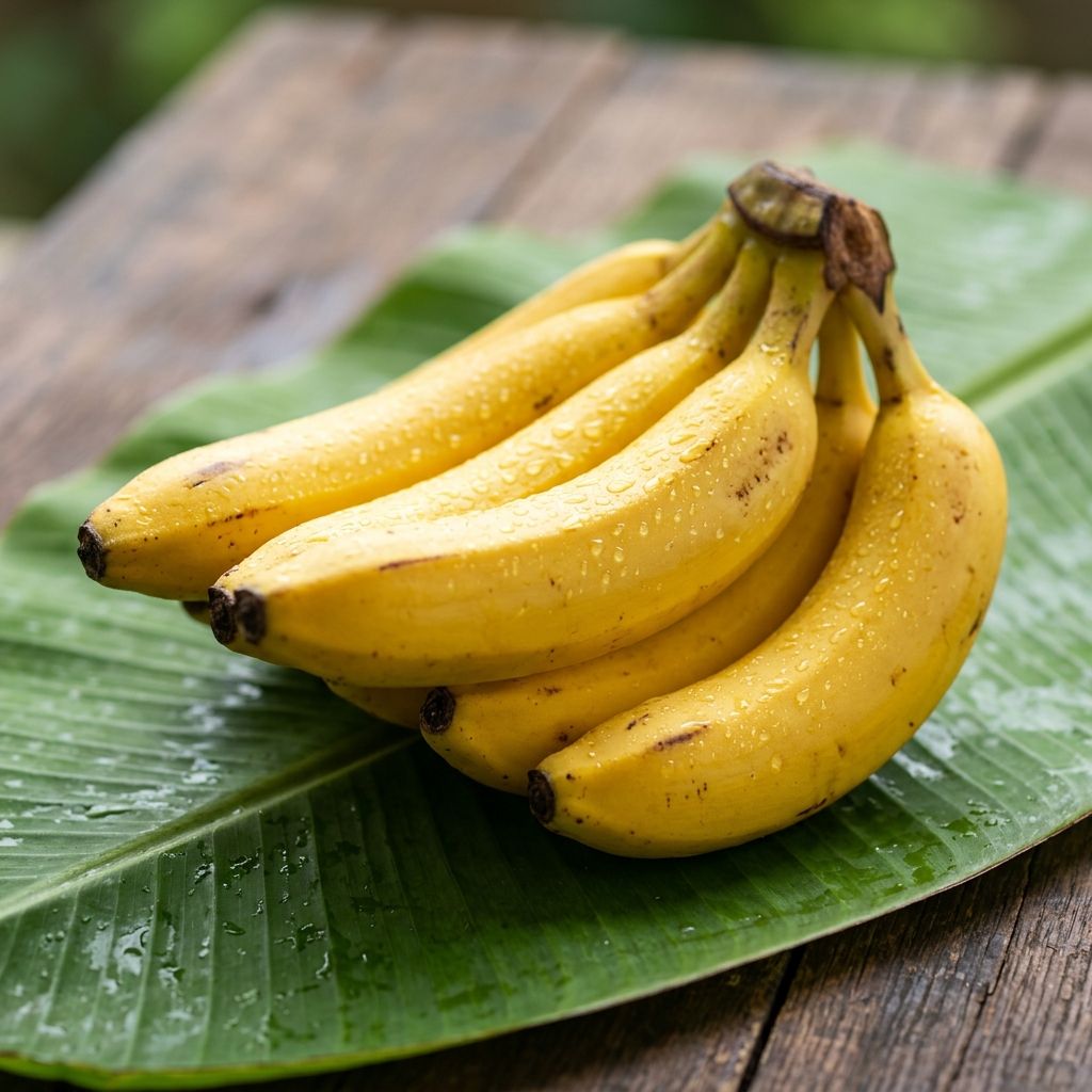 Fresh yellow Burhanpur bananas on a green banana leaf