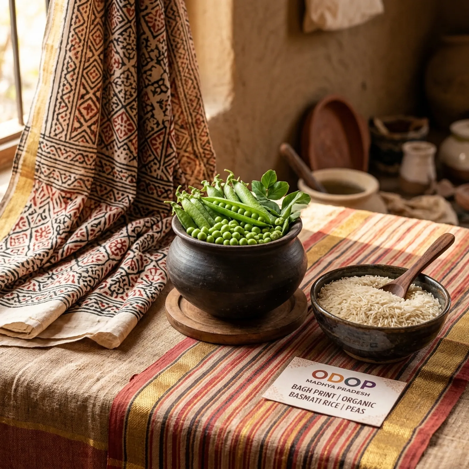 A rustic kitchen setup showcasing MP's ODOP products: Bagh print textile, a bowl of long-grain Basmati rice, and fresh peas