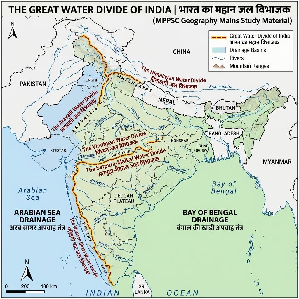 भारत के प्रमुख जल-विभाजक मानचित्र - MPPSC Geography Mains