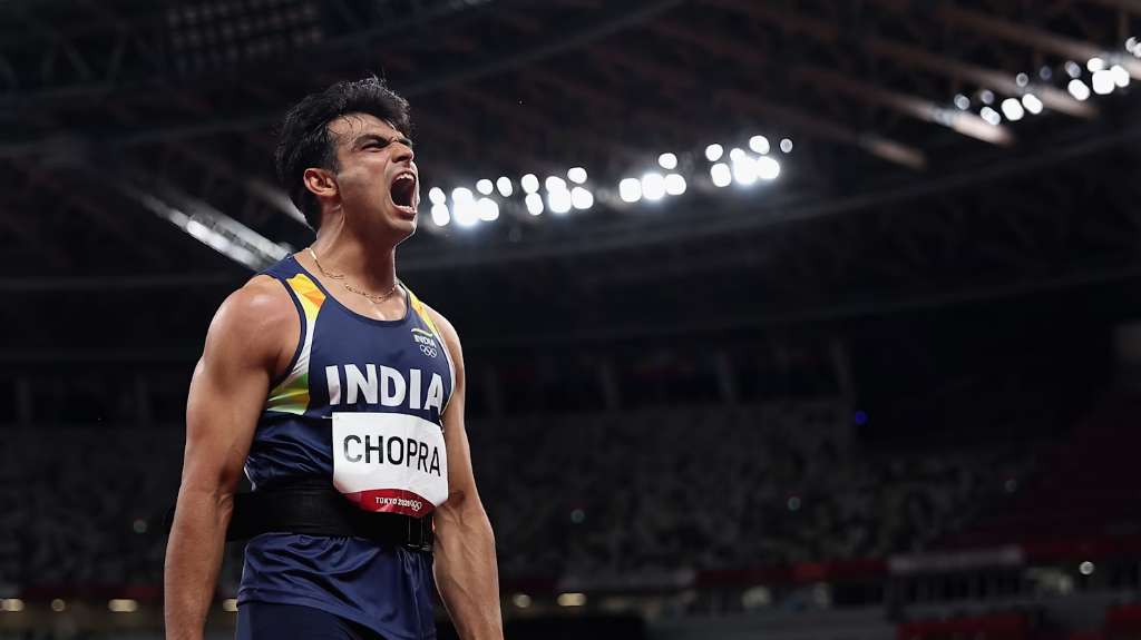 नीरज चोपड़ा भाला फेंक जीत का जश्न मनाते हुए (Neeraj Chopra Olympic Celebration)